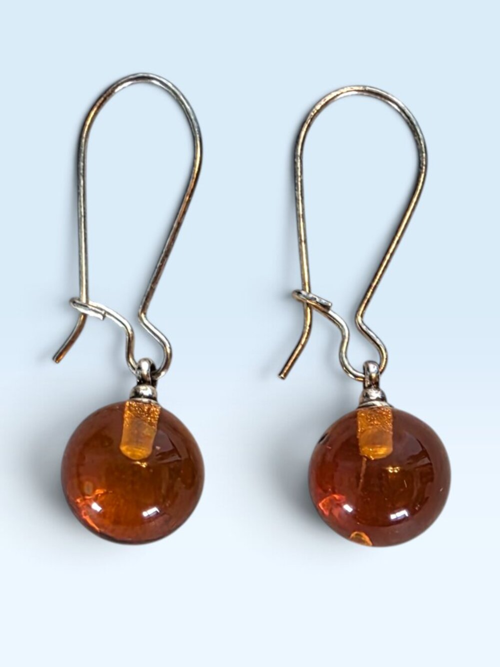Elegant Natural Honey Amber Sterling Silver Ball Dangle Minimalist Earrings